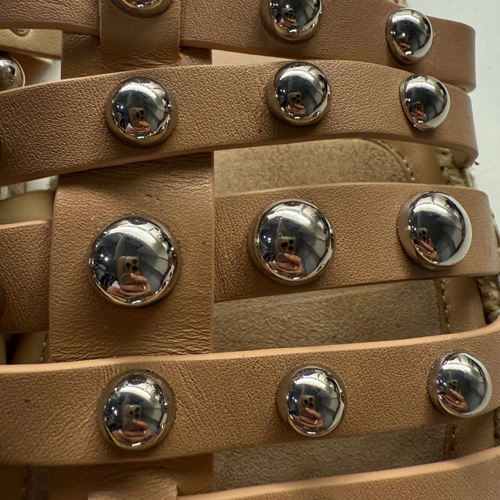 Marc Fisher Leather Nude Tan Studded Espadrille Slide
